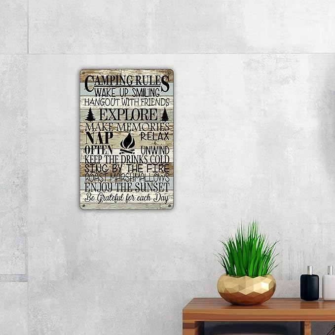QIONGQI Funny Camping Rules Metal Tin Sign Wall Decor Farmhouse Rustic Camping Signs with Sayings for Home Camper Room Decor Gifts