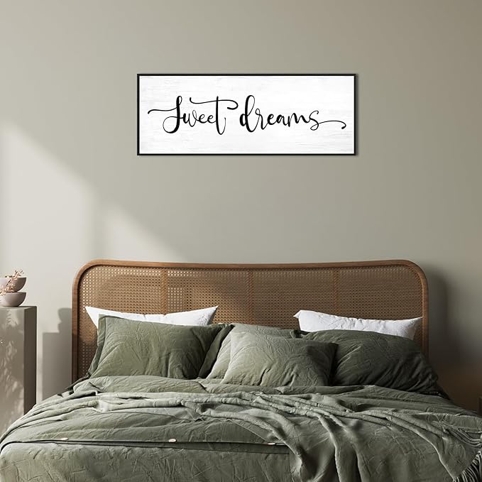 Sweet Dreams Wall Decor Above Bed: 40x15 Inch Framed Canvas Bedroom Wall Art, Farmhouse Bedroom Sign Rustic Hanging Plaque for Master/Guest Room Modern Home Decor