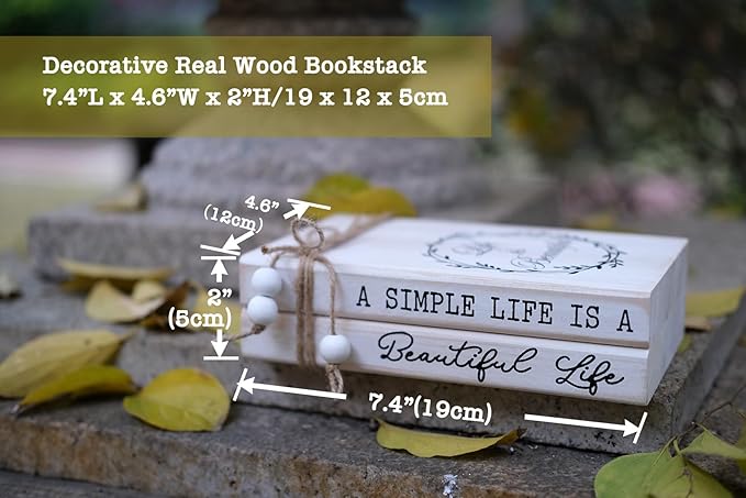 LIVDUCOT Decorative Books for Home, White Faux Books for Decoration, Rustic Farmhouse Display Wood Book Stack Coffee Table Decor Set of 2 (A Simple Life Is A Beautiful Life)