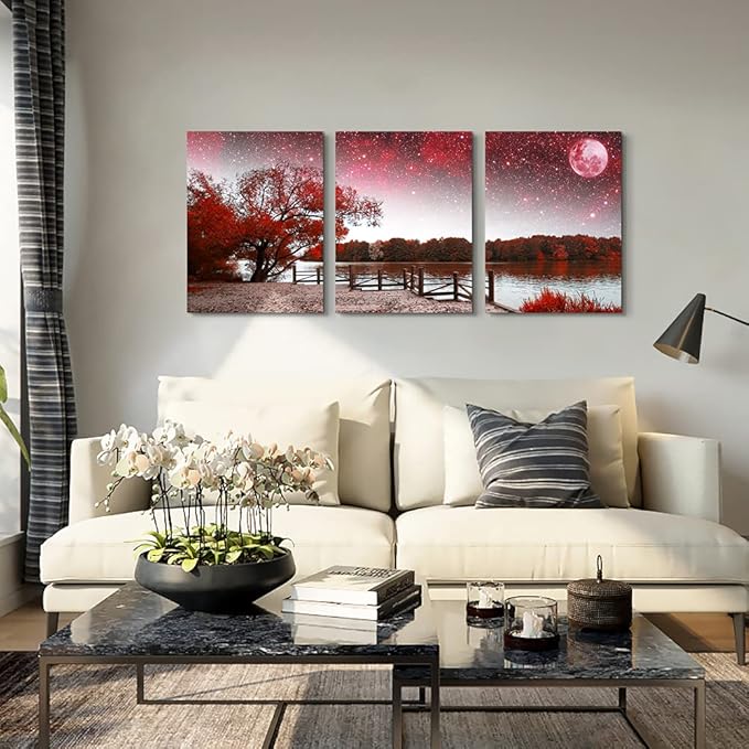 Wall Art For Living Room Large Size Wall Decor For Bedroom Room Wall Pictures Artwork Abstract Red Tree Moon Landscape Paintings Modern Office Decor Home Decorations For Kitchen 20" X 28" 3 Pieces