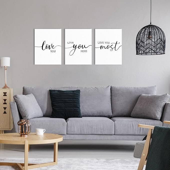 Love You More Wall Art: 3 Piece Romantic Minimalist Art Bedroom Decor Above Bed 12"x16", Farmhouse Love Quotes Signs for Couples, Modern Master Bedroom Decor