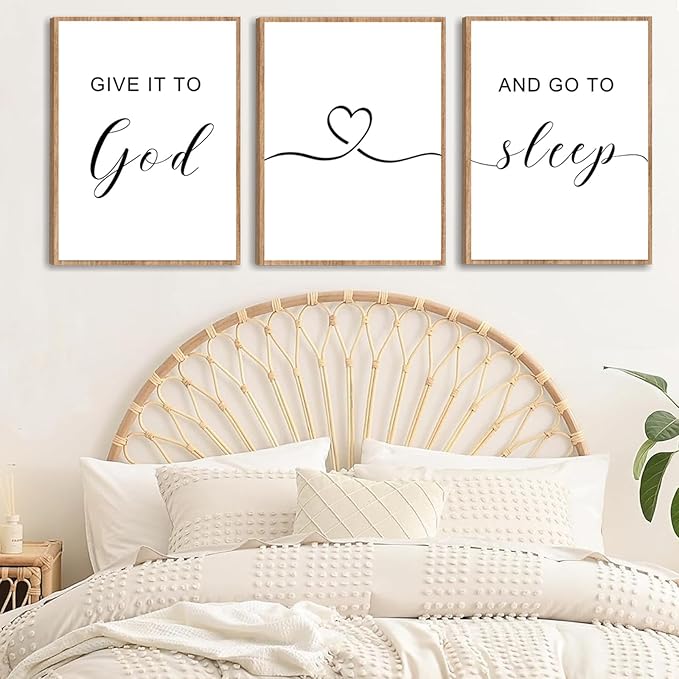 WALTSOM Farmhouse Bedroom Wall Art, 'Give it to God and Go to Sleep' Signs (Set of 3, 12x16 inches, Framed, Brown)