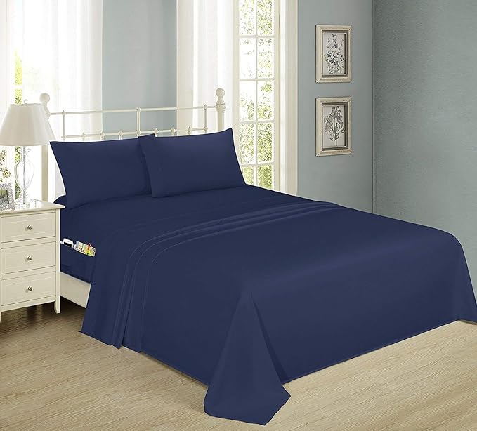 Swift Home Smart Sheets, Ultra Soft Brushed Microfiber 4-Piece Sheet Set, Fitted Bed Sheet with Side Storage Pockets – Navy, Queen