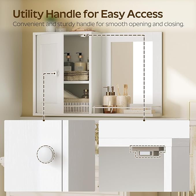 Medicine Wall Cabinet with Mirror, Bathroom Mirror with Storage, Medicine Cabinet Mirror, Wall Mounted Home Storage, Adjustable Shelf, for Laundry Room, Bedroom, Camper, Hallway, White