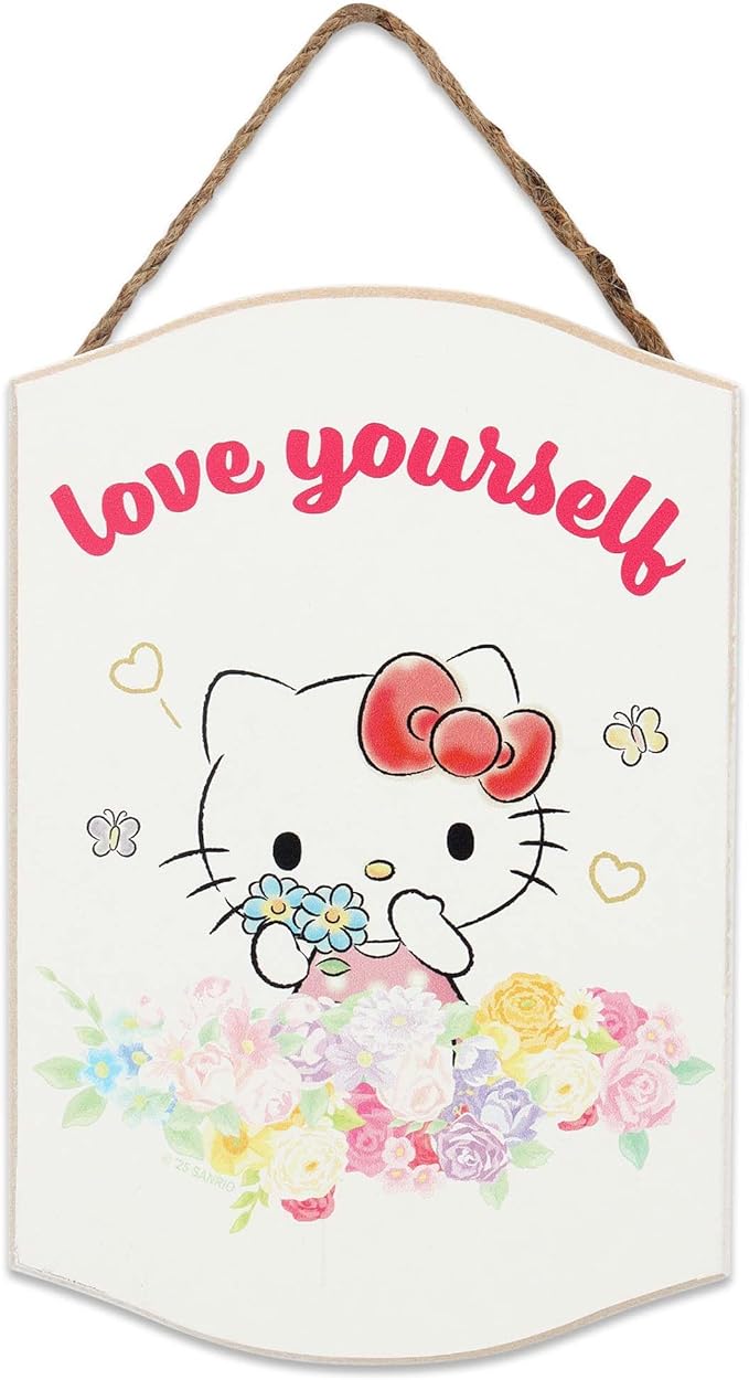 Hello Kitty Love Yourself Hanging Wood Wall Decor - Cute Hello Kitty Sign for Bedroom or Play Room
