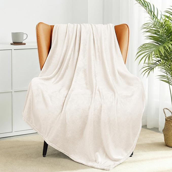 Exclusivo Mezcla Fleece Ivory Throw Blanket for Couch, Sofa, Super Soft and Warm Blankets, All Season, Cozy, Plush, Lightweight, 50x60 Inches