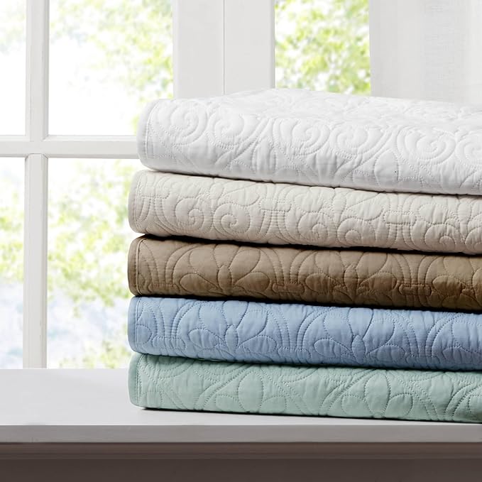 Madison Park Throw Blanket - Reversible Damask Quilting Design, Soft Pre-washed Microfiber, Cotton Filled Spread, Cozy Summer Blanket - Throw for Living Room Couch, Sofa, Bed, Quebec, 60x70", Khaki