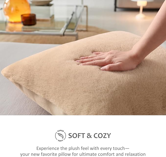 Pallene Faux Fur Plush Throw Pillow Covers 20x20 Set of 2, Soft Fluffy Couch Pillow Covers for Living Room, Khaki