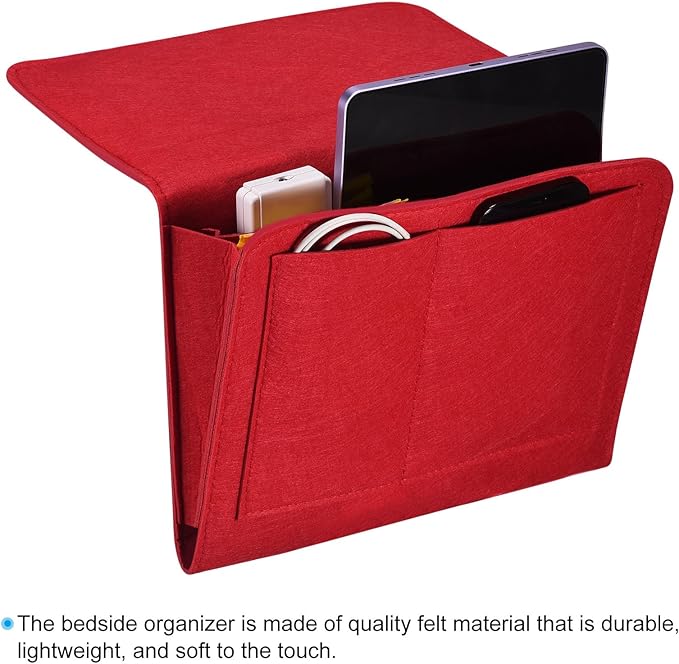 PATIKIL 11in Bedside Caddy, Bed Caddy Bedside Organizer Hanging Soft Felt 5 Pockets Bed Pockets Bedside Storage Organizer Remote Control Holder for Bedroom Phones Glasses, Red