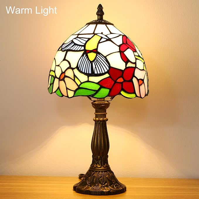 Tiffany Style Table Lamp, Hummingbird Style Stained Glass Lamp, 8 Inch Small Antique Lamp, for Bedside Nightstand Bedroom Living Room Home Office, Include LED Bulb