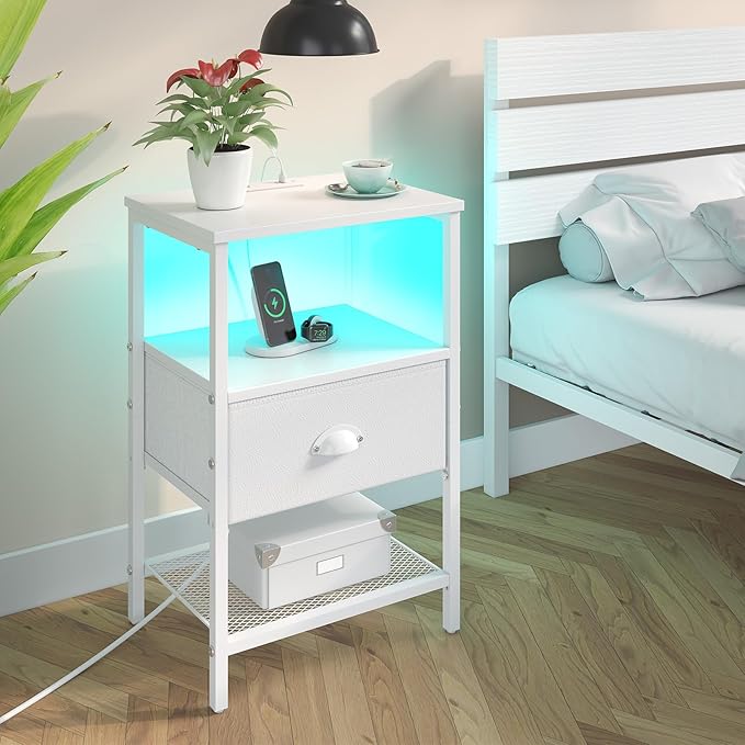 Nightstands Set of 2, LED Night Stands with Charging Station and Fabric Drawer, Bedside Tables with Drawers, 2- Tier LED Side Table End Table Charging Station Livingroom Bedroom, White