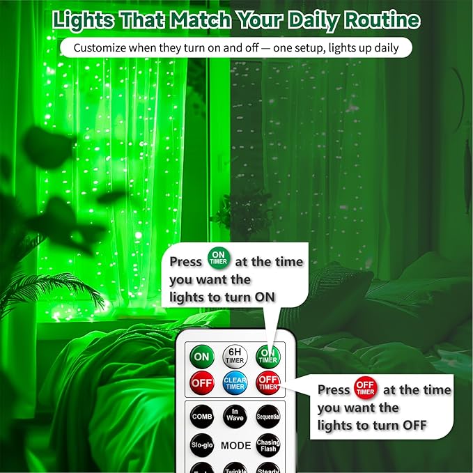 HXWEIYE 300LED Untangled Curtain Lights, 9.8x9.8Ft USB Fairy Twinkle String Lights with Remote and DIY Timer, 8 Modes Window Wall Hanging Light for Bedroom Dorm Backdrop Room Decor, Green