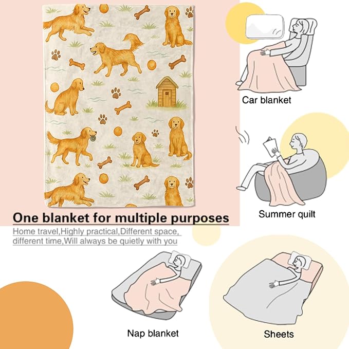 Golden Retriever Blanket Cute Dog with Bone,Ball,Paw Print and Kennel Throw Blankets Lightweight Flannel Throws for Camping Couch Chair Office Bed Home Decor Gifts for Pet Lover,60x50inch