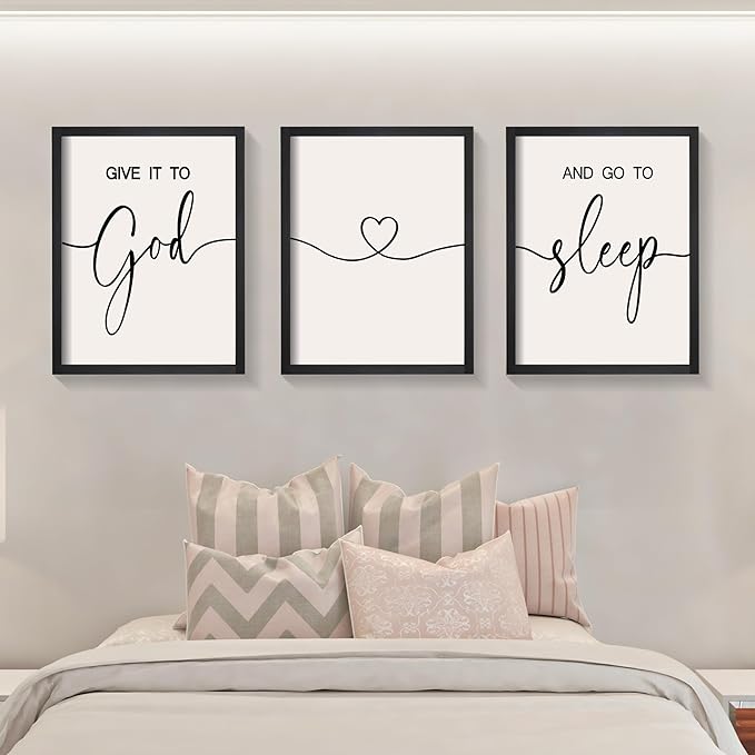 Heiple Give It to God and Go to Sleep Sign Set of 3 Above Bed Wall Decor Farmhouse Bedroom Decor Wood Framed Art Rustic Master Bedroom Essentials Home Decoration (Black, 11”x14”)
