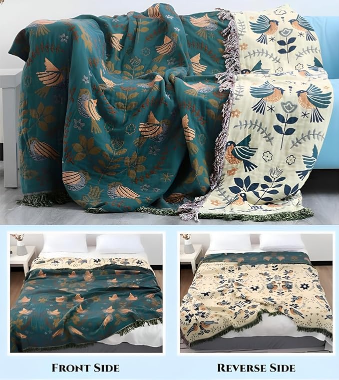 Boho Blanket for Bed 100% Cotton Bohemian Throw Blankets Ultra Soft Woven Muslin Decorative Blankets All Seasons Vintage Quilt Knitted Blanket for Sofa Chair (Colorful, 60"x80")