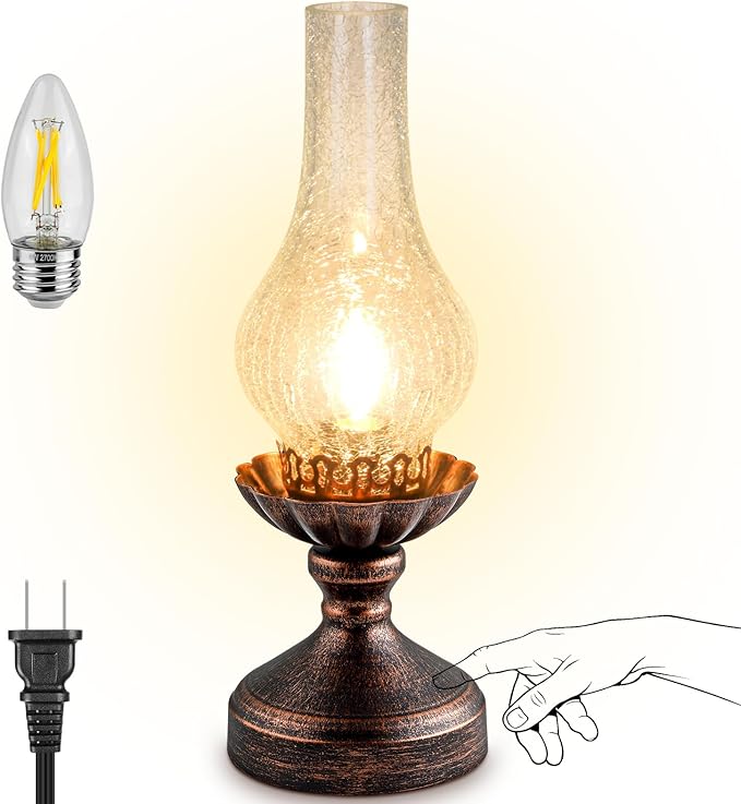 Vintage Table Lamp | Touch Control & 3-Way Dimmable Rustic Retro Farmhouse Bedside Lamp with Clear Glass Shade and LED Bulb for Bedroom, Living Room, Cabin, Office
