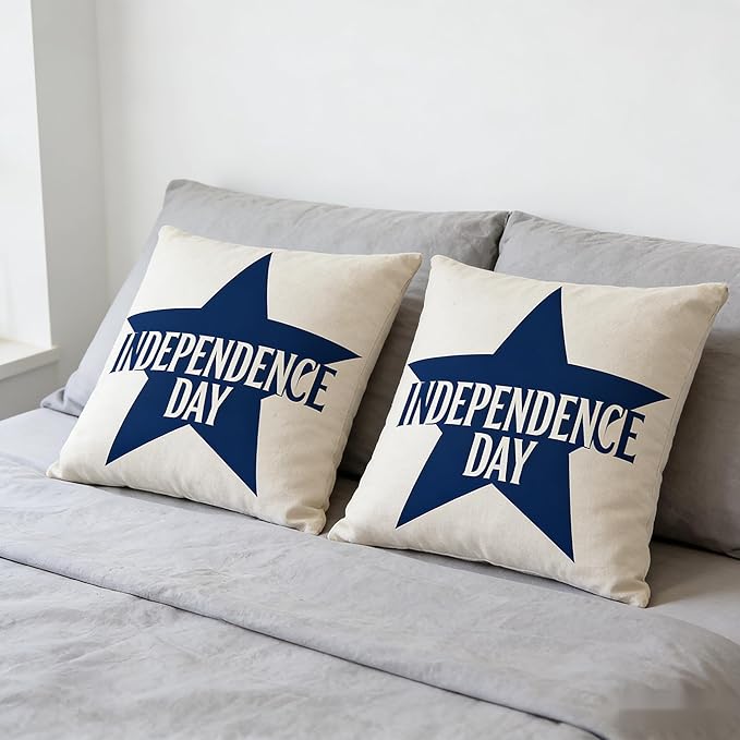 Independence Day Throw Pillow Covers, Linen, 18x18 Inch, Farmhouse Style, Set of 2, Decorative Square Cushion Covers with Zipper July 4th