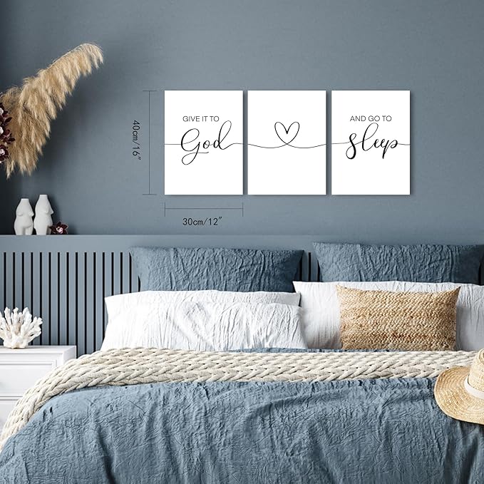 Give It To God And Go To Sleep Wall Art: Modern Farmhouse Bedroom Signs Decor for Couples,Aesthetic Minimalist Bedroom Pictures Wall Decor Above Bed Hanging Wall Plaques 12x16 Inch,Set of 3