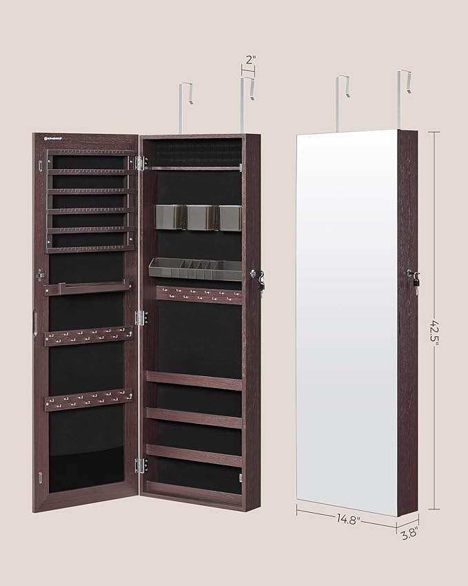 SONGMICS Jewelry Cabinet Armoire, Lockable Wall-Mounted Organizer Unit with 2 Plastic Cosmetic Storage Trays, Full-Length Frameless Mirror, Brown UJJC001K01