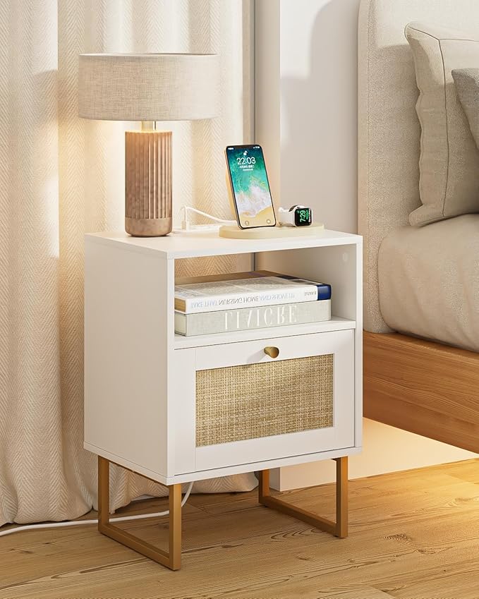 Masupu Rattan Nightstand with Charging Station,Modern Boho Farmhouse Wood Bedside Table with Storage Drawer and Open Shelf,Small Gold Frame Side End Table for Bedroom,Living Room,Office White