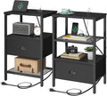 Nightstands Set of 2, Black Night Stands with Charging Station, Bedside Tables with Drawers PU Finish, 2-Tier Side Table with Open Shelf, Nightstands with Drawer,Black