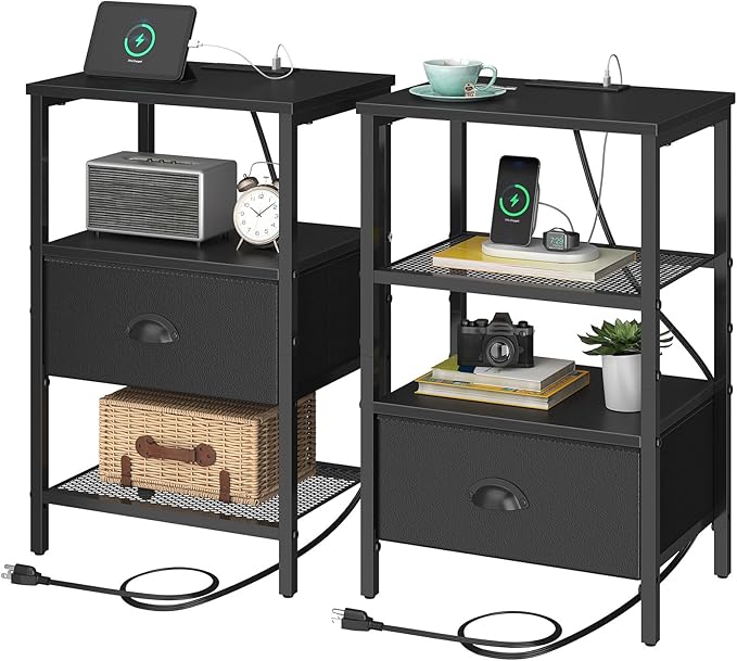 Nightstands Set of 2, Black Night Stands with Charging Station, Bedside Tables with Drawers PU Finish, 2-Tier Side Table with Open Shelf, Nightstands with Drawer,Black