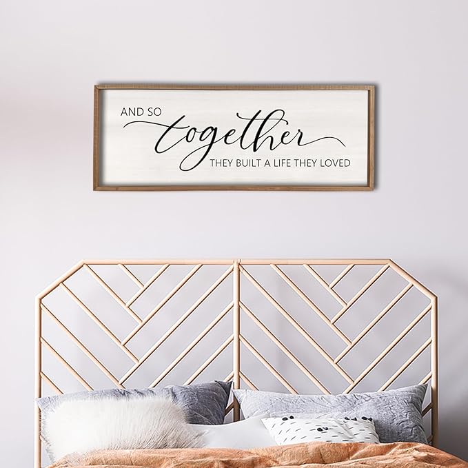 comurdyo And So Together They Built A Life They Loved Sign 32”X12” Master Bedroom Above Bed Wall Decor Large Framed Wood Farmhouse for Over Bed Bedside Wall Art for Love Sign Decor (Wood)