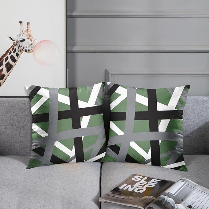 Emvency Set of 2 Throw Pillow Cover Sage Green Black Stripes Grey White Design Retro Decorative Pillow Case Striped Home Decor Square 18x18 Inch Cushion Pillowcase