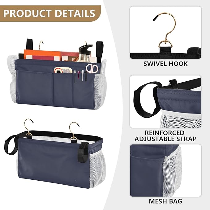 DOMIKING Navy Blue Bedside Caddy for Dorm Bed Recliner Armrest Organizer with Hooks Haning Storage Bag for Bunk Bed Rails Headboards