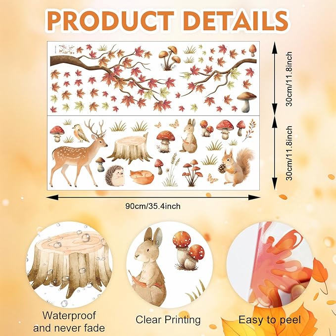 HLNIUC Autumn Forest Animal Double Sided Wall Decal(35”x24”) Cute Deer Rabbit Squirrel Cartoon Wall Sticker,Fall Maple Leaf Forest Theme Art Decal,Fall Jungle Animals for Kids Room Nursery