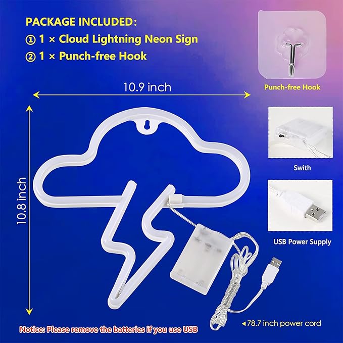 Neon Sign LED Cloud Lightning Neon Signs for Wall Decor Hanging Battery or USB Powered Light Up Neon Lights for Bedroom Aesthetic Kids Room Living Room Bar Party Christmas Wedding Pink