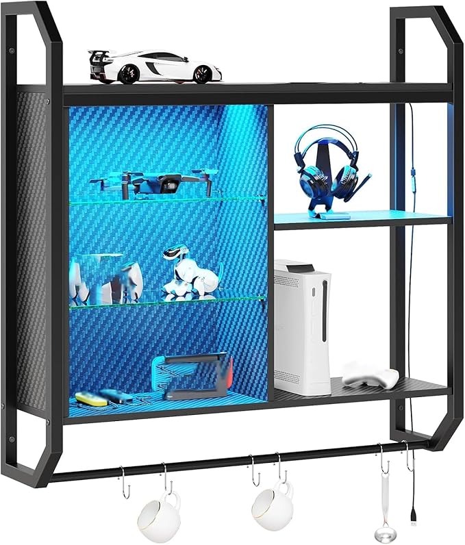 Bestier LED Gaming Floating Shelves, 34" Wall Mounted Shelf Pipe Shelves Hanging Display Rack Bookshelf with 6 S-Hook, Gaming Room Decor Wine Coffee Bar, Black Carbon Fiber