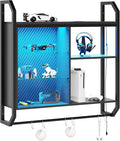 Bestier LED Gaming Floating Shelves, 34" Wall Mounted Shelf Pipe Shelves Hanging Display Rack Bookshelf with 6 S-Hook, Gaming Room Decor Wine Coffee Bar, Black Carbon Fiber