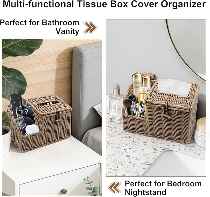 Woven Tissue Box Cover Square, Tissue Box Holder, Tissue Box Cover with Storage, Tissue Box Holder Remote Organizer, Bedside Nightstand Organizer for Bedroom/Bathroom/Office/Kitchen Countertop