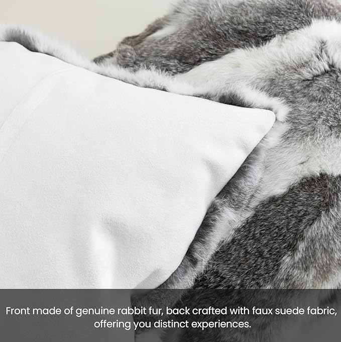 MOOX Rabbit Fur Throw Pillow Covers Decorative Fluffy Soft Fuzzy Plush Luxury Genuine Animal Skin Lumbar Pillow 18"x18" Cushion Cover, Couch-Grey White
