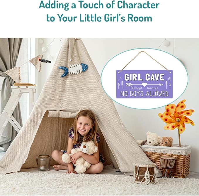 Girl Cave Sign, 12″x6″ PVC Plastic Wall Decoration Hanging Sign, High Precision Printing, Water Proof, Girls Only Room Decor, No Boys Allowed Except Daddy for Girls Bedroom