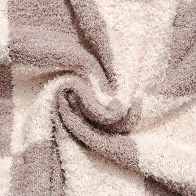 Soft Checkered Throw Blanket, Ultra Cozy Knit Throw Blanket Fluffy Fuzzy Reversible Checkerboard Blanket for Travel Couch Sofa Bed Decor, 51x63 inches, Khaki Cream