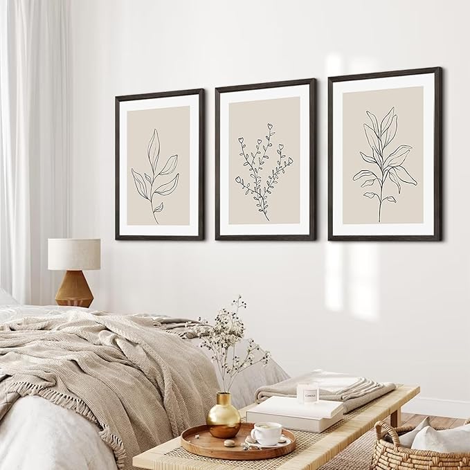 Botanical Wall Art Decor Neutral Wall Decor Boho Beige Canvas Wall Art Botanical Minimalist Pictures Neutral Prints Beige Posters Boho Artwork for Room Bedroom 16x24x3 Inch Wood Framed
