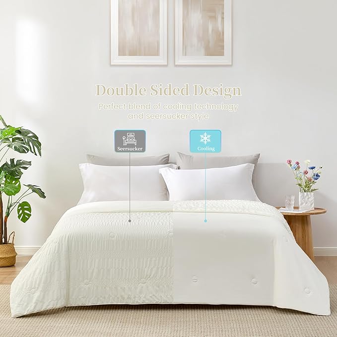 Cozy Bliss Seersucker Cooling Comforter King Size, Q-Max 0.45 Reversible Lightweight Cooling Blanket, Breathable Silk Smooth Summer Bedding Quilt for Hot Sleepers Night Sweats Cream White