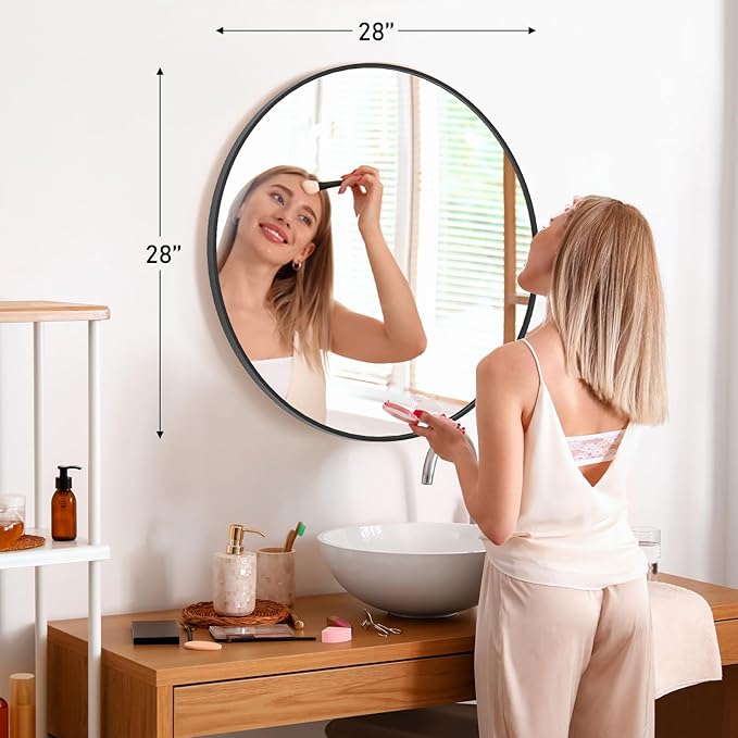 Sweetcrispy 28in Black Round Bathroom Mirrors for Wall, Bathroom Mirrors for Over Sink, Wall Decor for Bathroom, Entryway, Bedroom, Vanity