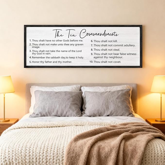 The Ten Commandments Rustic Bible Verse Framed Wall Art, 40''×15'' Positive Religious Christian Saying Sign for God Jesus Christ Prayer, Vintage Horizontal Holy Inspirational Catholic Scripture Decor