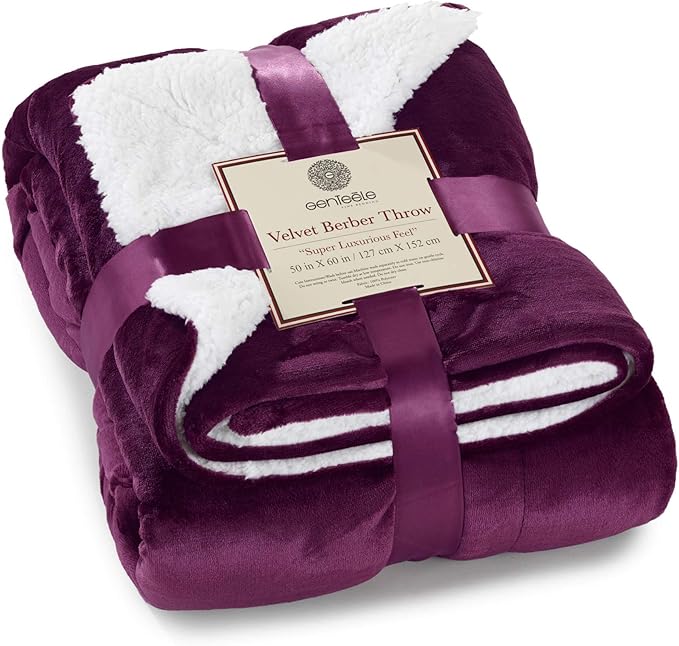 Genteele Sherpa Throw Blanket Super Soft Reversible Ultra Luxurious Plush Blanket, 50 x 60 inches, Rich Purple/White