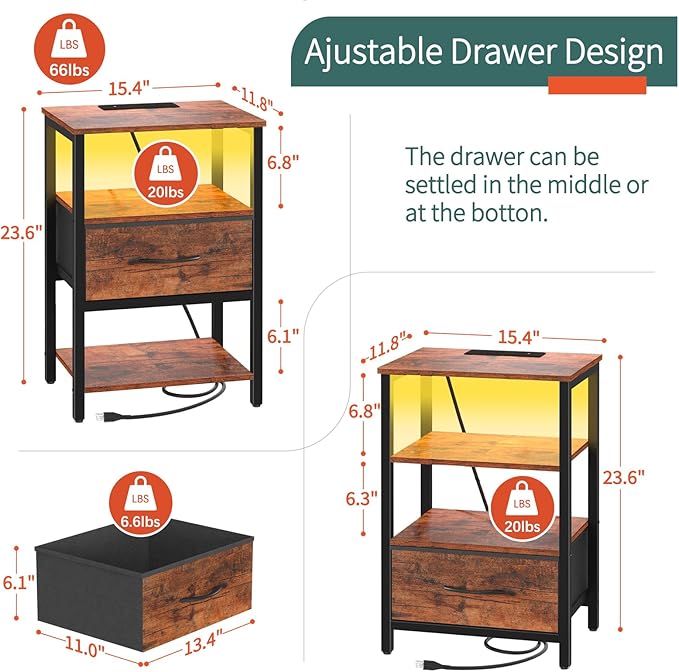Yoobure End Table with Storage, LED Nightstand with Charging Station, Side Tables Living Room, 3-Tier Wood Bedside Table with Adjustable Fabric Drawer, Night Stand for Bedroom, Brown