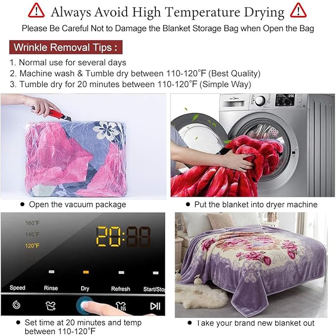 JYK Korean Faux Mink Fleece Blanket 83" X 91", 5.7 LB - 2 Ply Reversible Soft Warm Plush Flannel Blanket, A&B Pattern Printed Embossed Microfiber Blanket, (Light Purple Peony/Peony, King)