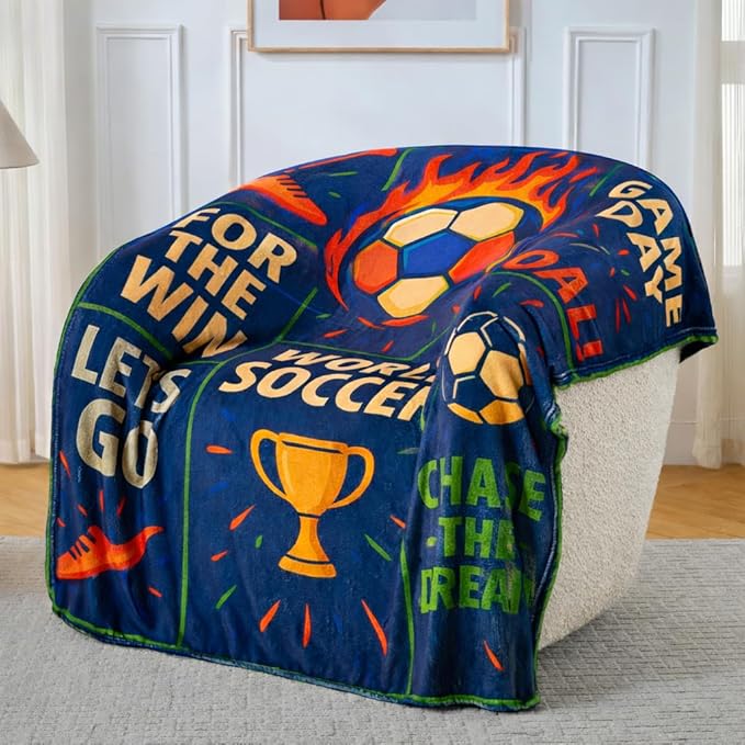Soccer Throw Blanket, Navy Sports Motivational Blanket, Soft Flannel Soccer Fan Quote Blanket for Couch Bed, Kick Off Goal Football Gift for Men Women Kids