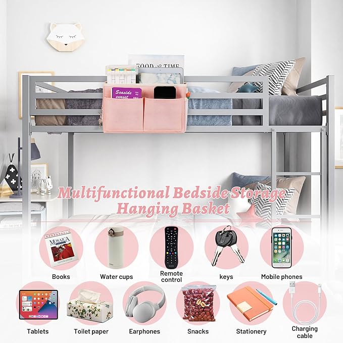 Bedside Caddy Hanging Storage with Water Bottle Holder for Bunk Bed Hospital Bed Dorm Rooms (Pink)