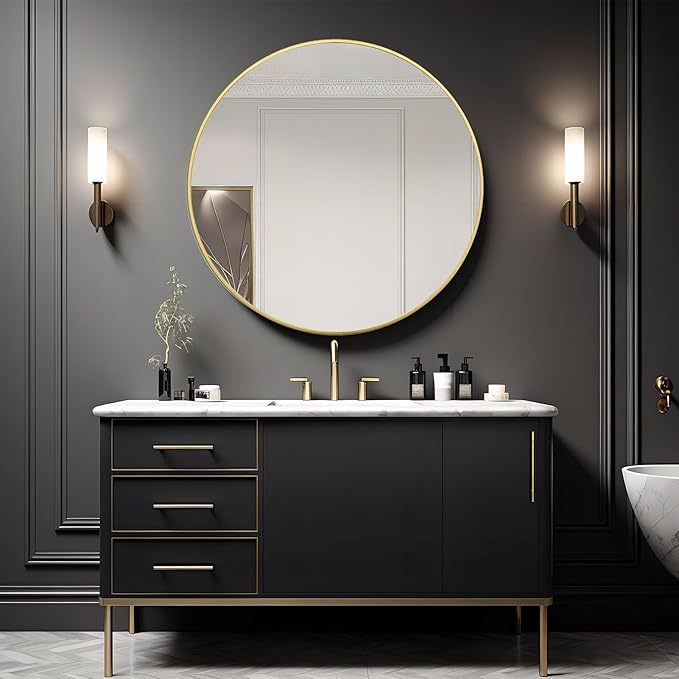 Growsun 48 inch Large Gold Round Mirror, Bathroom Mirror for Wall, Metal Frame Round Mirror for Fireplace Living Room Wall Decor