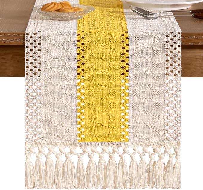 Socomi Boho Table Runner Easter Spring Farmhouse Rustic Dining Kitchen Centerpiece Decor Small Macrame Woven Cotton Coffee Table Runner for Dresser Scarf Home Decor 12x36 in Yellow Gold Ivory