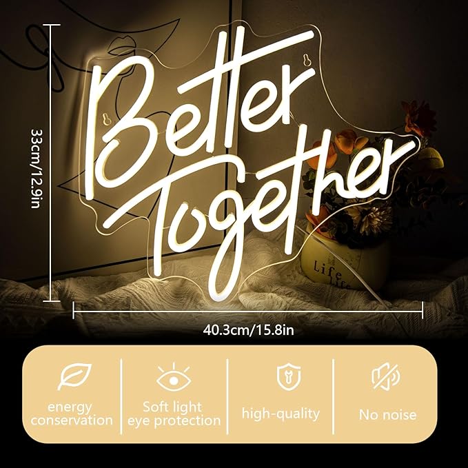 Better Together Neon Sign for Wall Decor Dimmable LED Neon Night Light Sign for Wall Party Décor Engagement Bedroom Bar Wedding Birthday Christmas Decoration, Warm White