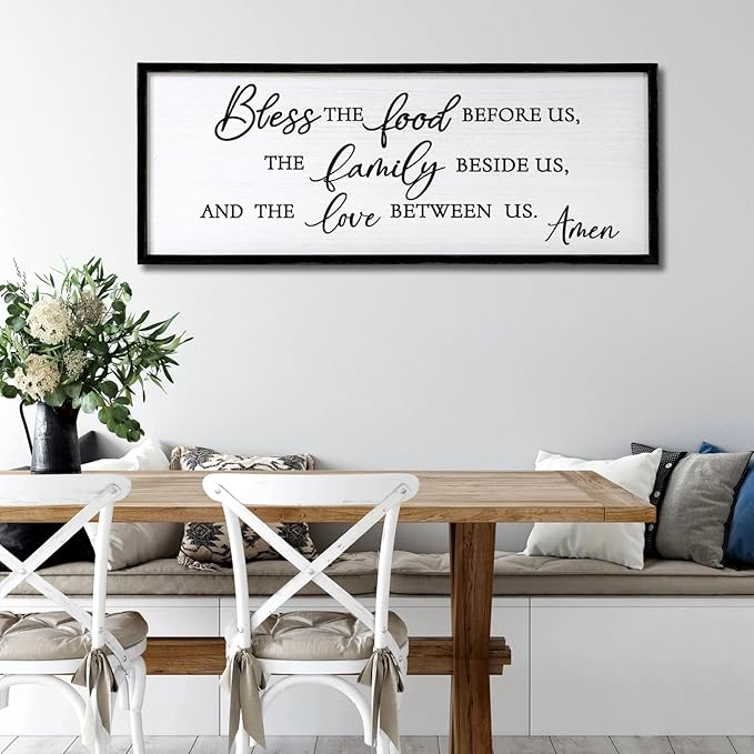 Foutcheou Bless The Food Before Us Wall Decor, 40"X15" The Love Between Us Sign Framed Farmhouse Kitchen Wall Decororation, Rustic Christian Bible Verse Wall Art for Dining Room